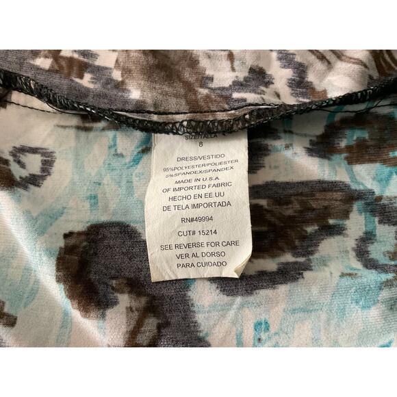 R&M Richards Size 8 Maxi Dress Teal Brown Abstract Print V Neck Belted - Picture 9 of 13